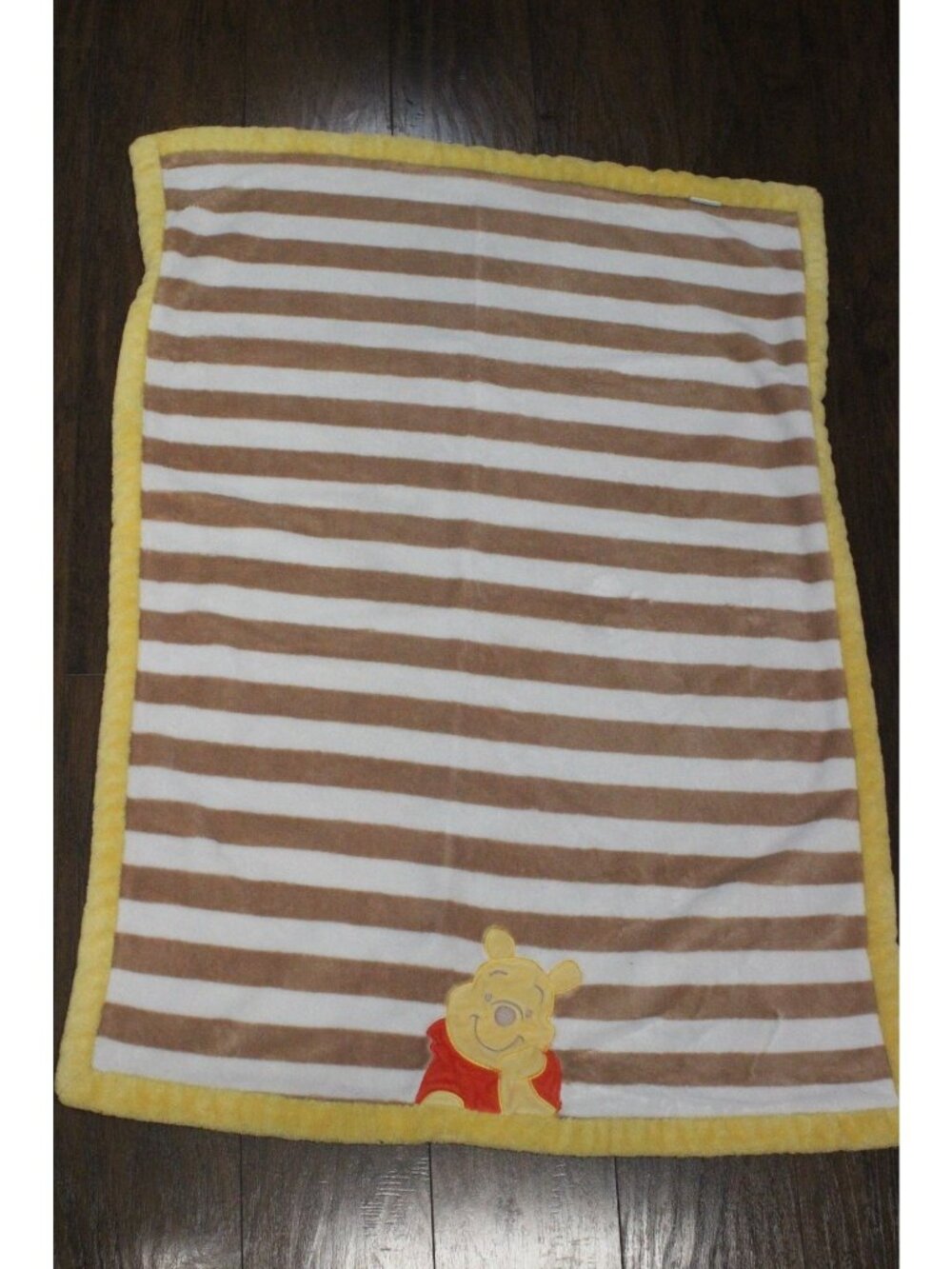 Disney Winnie The Pooh Striped Baby Blanket Brown & White With Yellow Trim